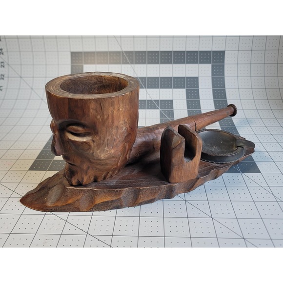 Vintage Other - Vintage Carved Wooden Pipe Smokers Companion Stand Rack Ashtray Matchbook Hldr